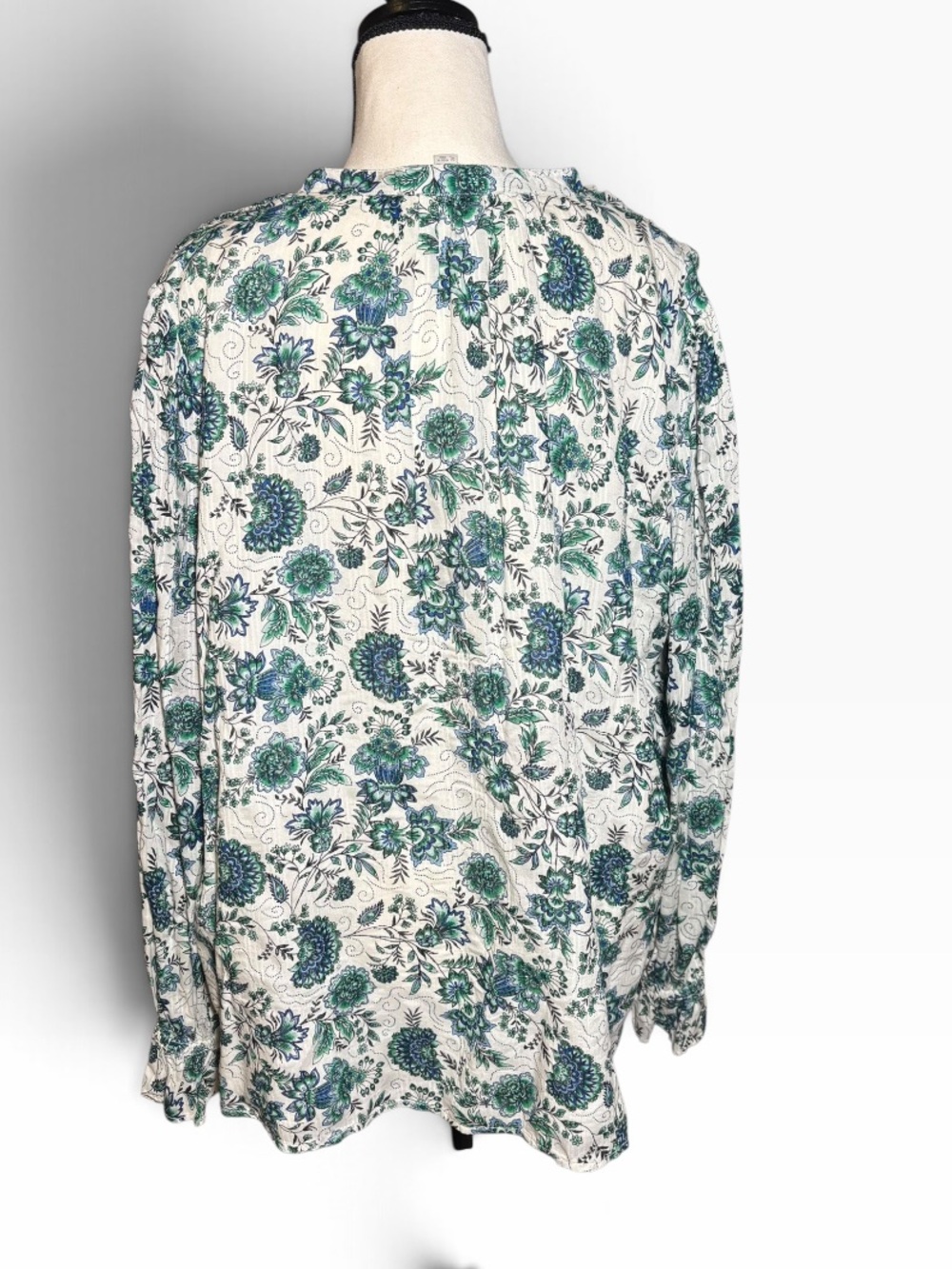 Loft Garden Floral Top Women S Green Blue Long Sleeve Shirred Yoke - Picture 2 of 4